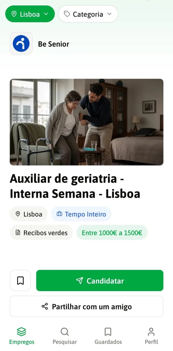 Ecrã da app Candidato.pt com uma oferta de auxiliar de geriatria em Lisboa