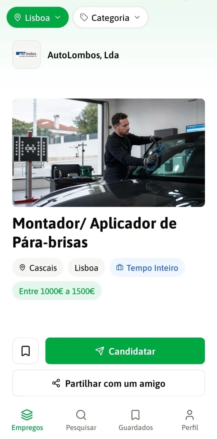 Ecrã da app Candidato.pt com uma oferta de montador de pára-brisas em Cascais