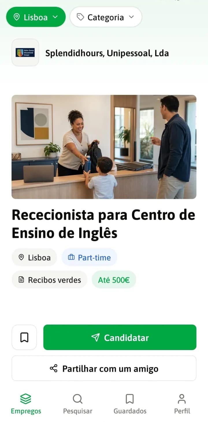 Ecrã da app Candidato.pt com uma oferta de rececionista em Lisboa